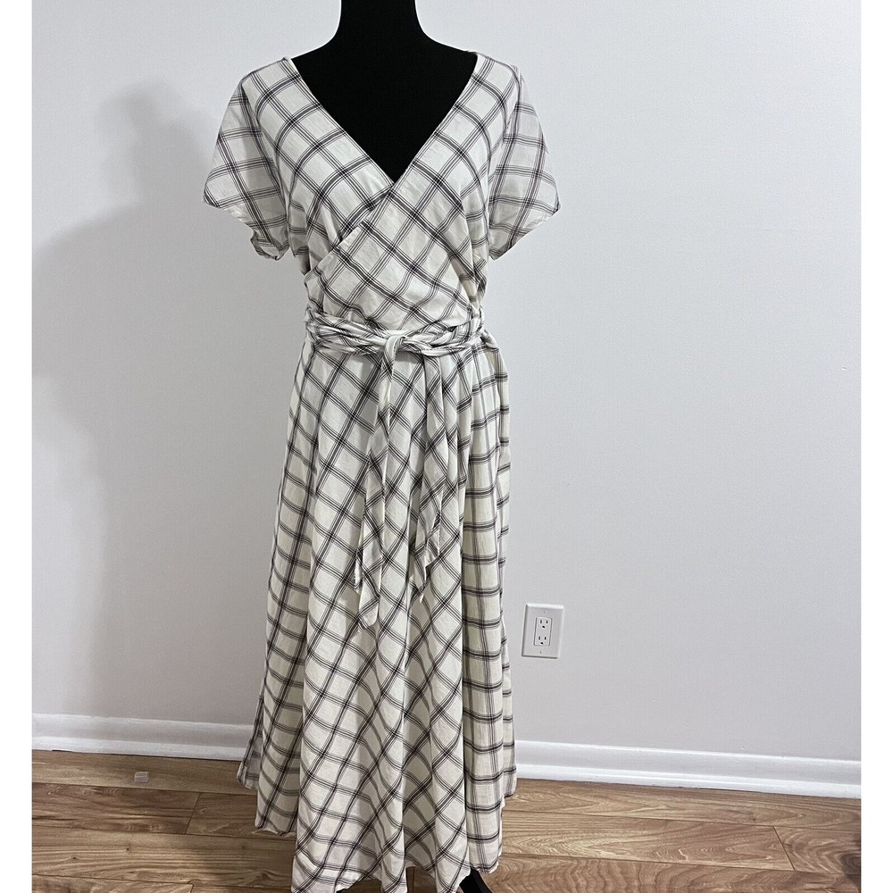 Eshakti Beige Plaid Wrap Maxi Dress Size 3X Prairie Coastal Flowy Summer Farm